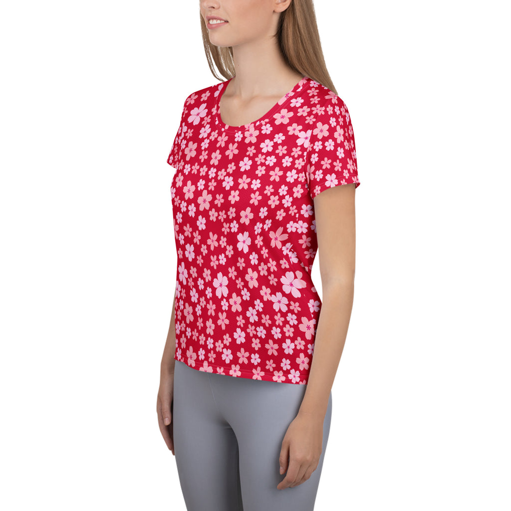 Women’s Rose Red Floral Athletic T-Shirt - Lightweight Moisture Wicking Workout Top With UPF 50+