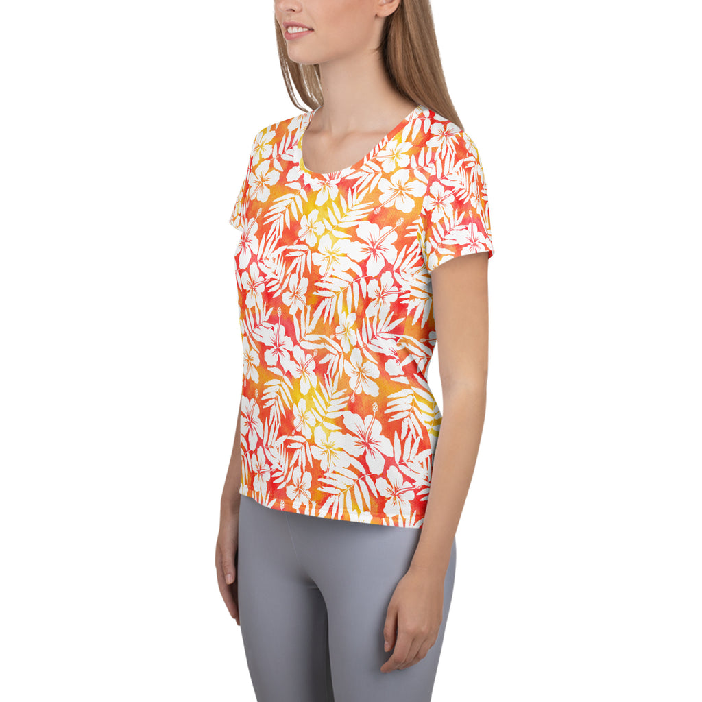 Women’s Tropical Hibiscus Athletic T-Shirt - Lightweight Moisture Wicking Workout Top With UPF 50+