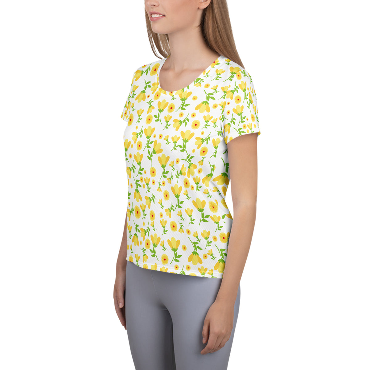 Women’s Yellow Wildflower Athletic T-Shirt - Lightweight Moisture Wicking Workout Top With UPF 50+