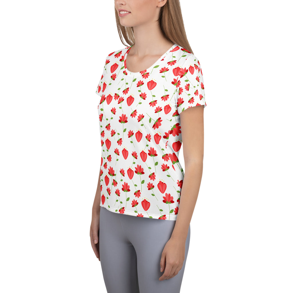 Women’s Red Wildflower Athletic T-Shirt - Lightweight Moisture Wicking Workout Top With UPF 50+