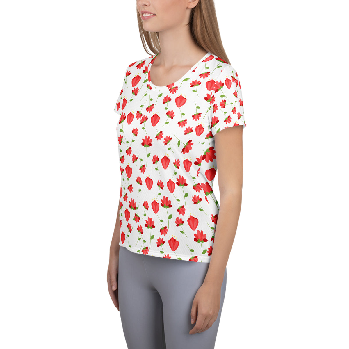 Women’s Red Wildflower Athletic T-Shirt - Lightweight Moisture Wicking Workout Top With UPF 50+