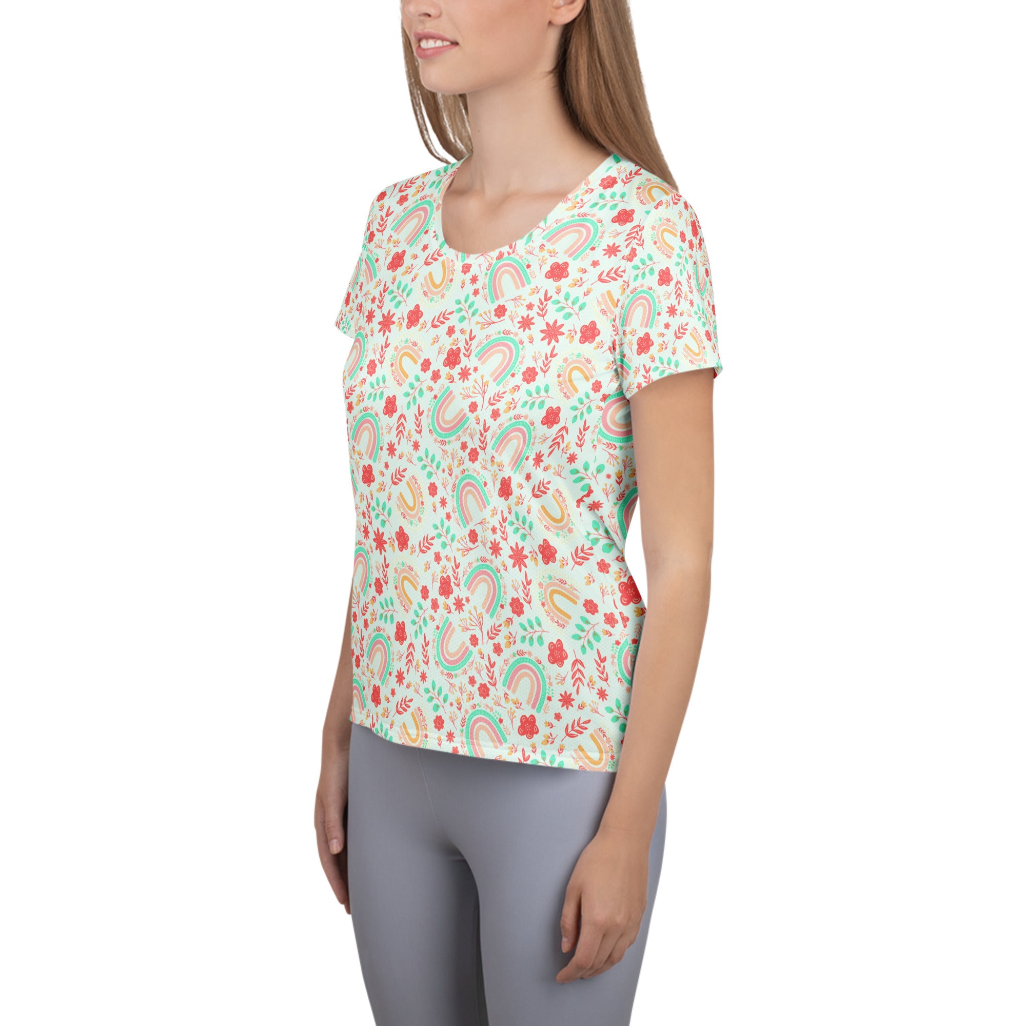 Women’s Boho Rainbow Floral Athletic T-Shirt - Lightweight Moisture Wicking Workout Top With UPF 50+