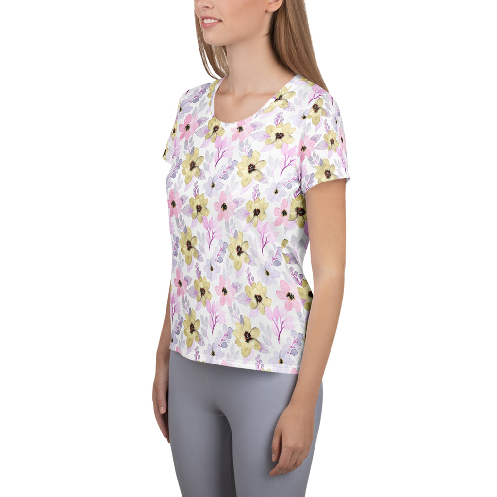 Women’s Pink Purple Botanical Athletic T-Shirt - Lightweight Moisture Wicking Workout Top With UPF 50+