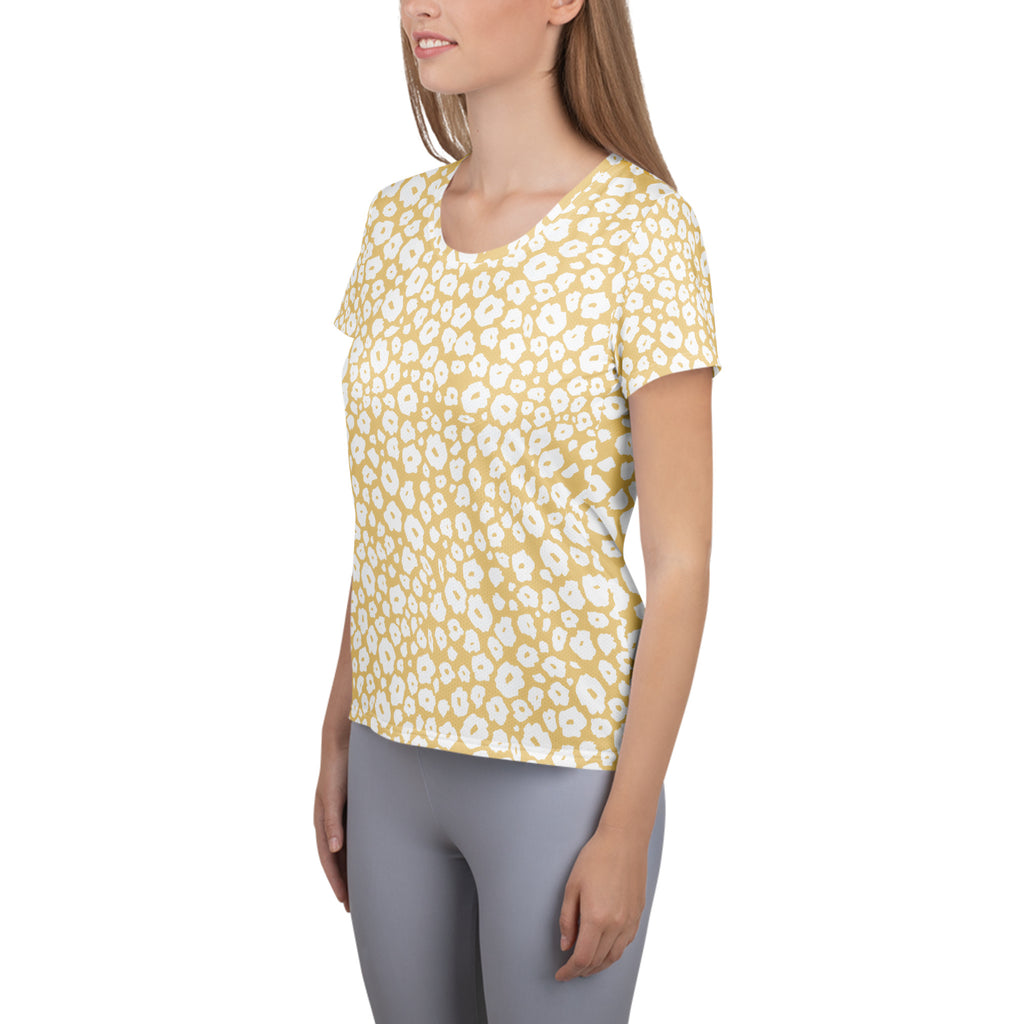 Women’s Cream Leopard Print Athletic T-Shirt - Lightweight Moisture Wicking Workout Top With UPF 50+