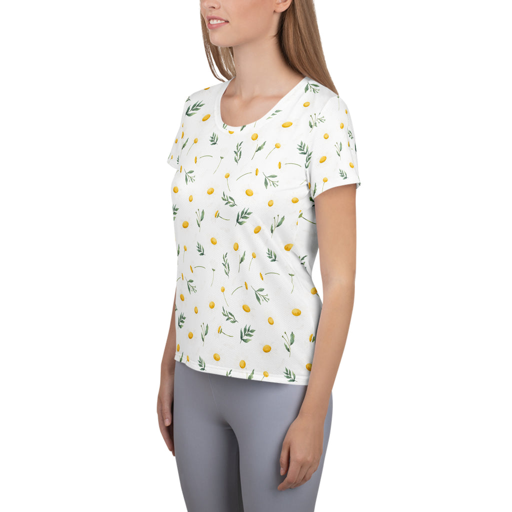 Women’s Yellow Wildflower Athletic T-Shirt - Lightweight Moisture Wicking Workout Top With UPF 50+