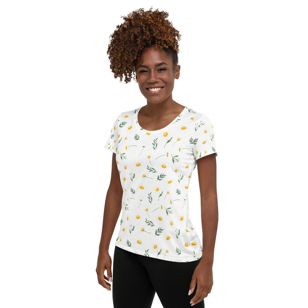 Women’s Yellow Wildflower Athletic T-Shirt - Lightweight Moisture Wicking Workout Top With UPF 50+