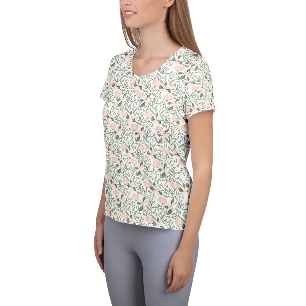 Women’s Sage Green Botanical Athletic T-Shirt - Lightweight Moisture Wicking Workout Top With UPF 50+