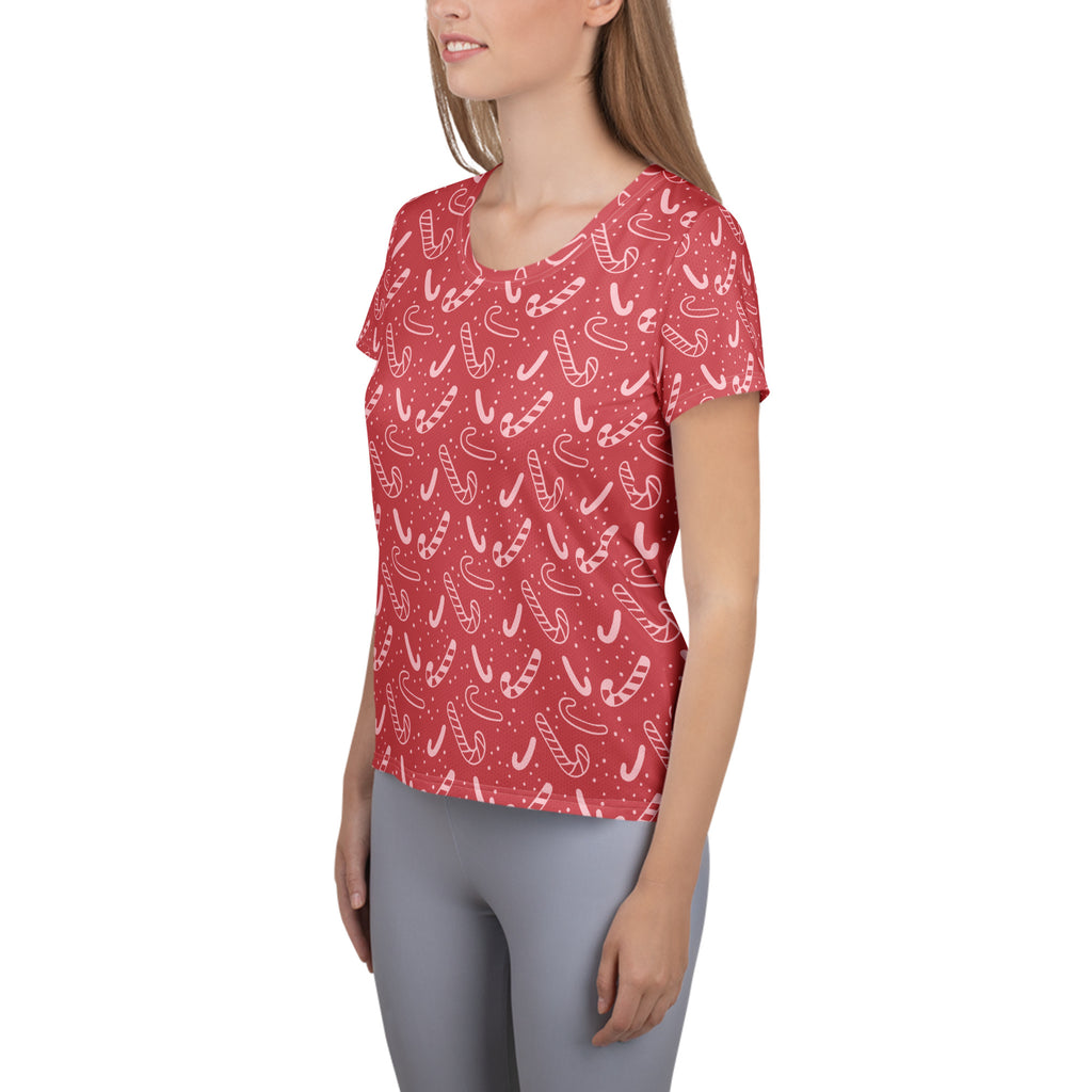 Women’s Red Candy Cane Athletic T-Shirt - Lightweight Moisture Wicking Workout Top With UPF 50+