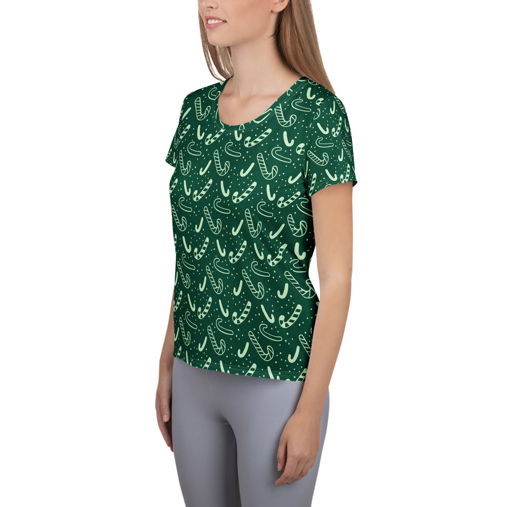 Women’s Grreen Candy Cane Athletic T-Shirt - Lightweight Moisture Wicking Workout Top With UPF 50+
