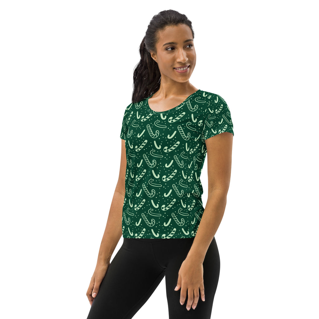 Women’s Grreen Candy Cane Athletic T-Shirt - Lightweight Moisture Wicking Workout Top With UPF 50+