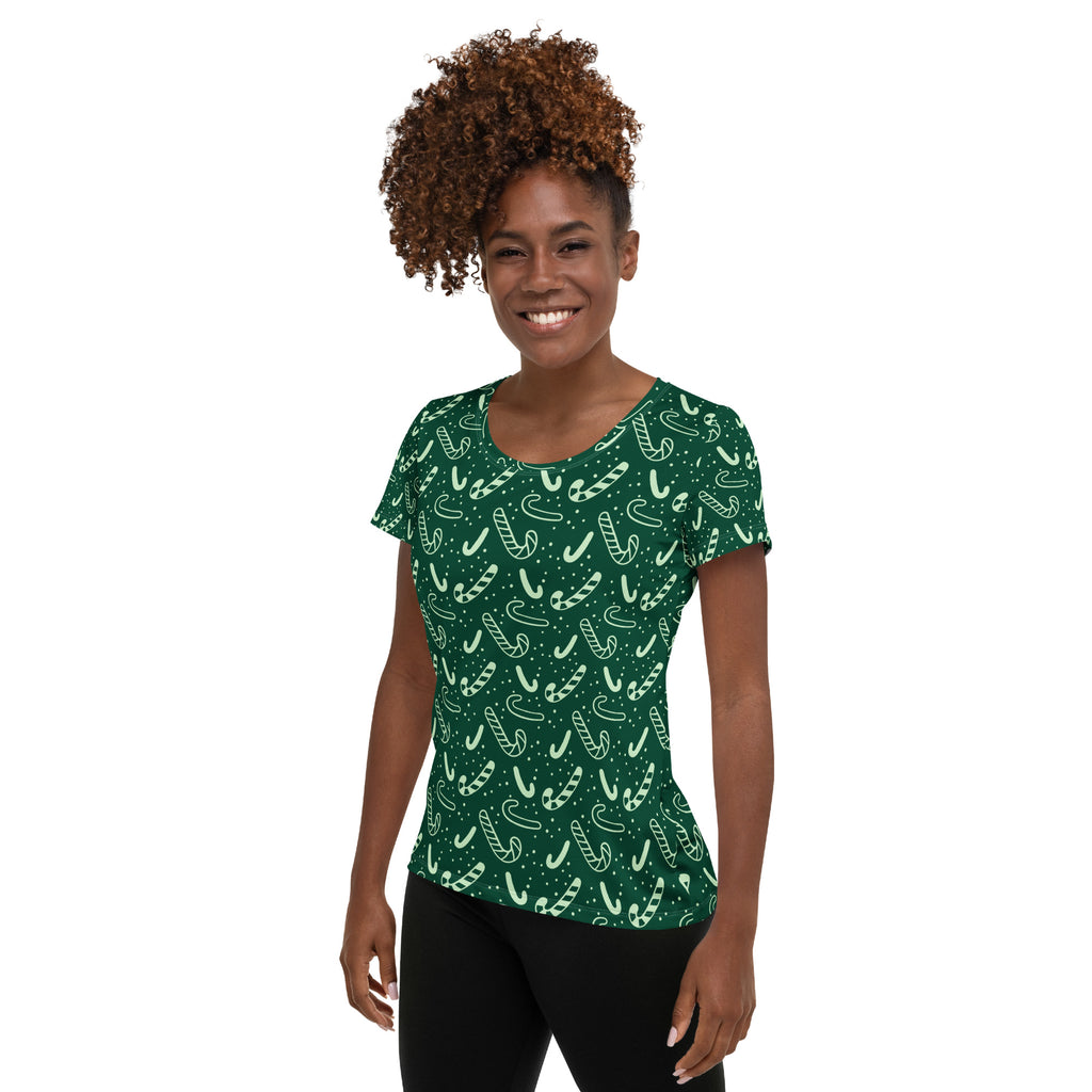 Women’s Grreen Candy Cane Athletic T-Shirt - Lightweight Moisture Wicking Workout Top With UPF 50+