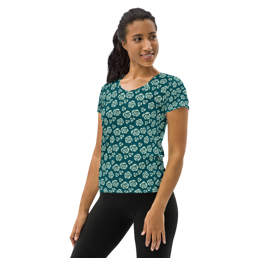 Women’s Teal Rose Athletic T-Shirt - Lightweight Moisture Wicking Workout Top With UPF 50+