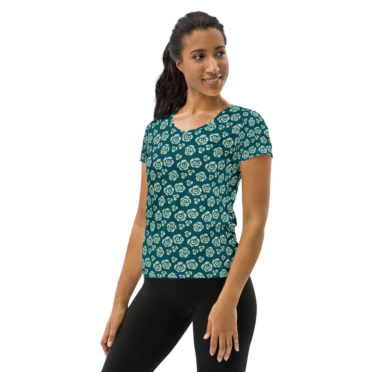 Women’s Teal Rose Athletic T-Shirt - Lightweight Moisture Wicking Workout Top With UPF 50+