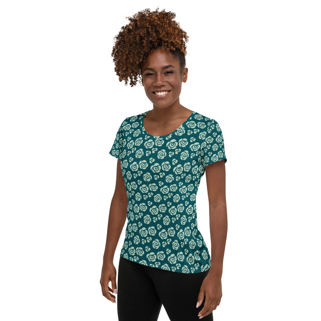 Women’s Teal Rose Athletic T-Shirt - Lightweight Moisture Wicking Workout Top With UPF 50+