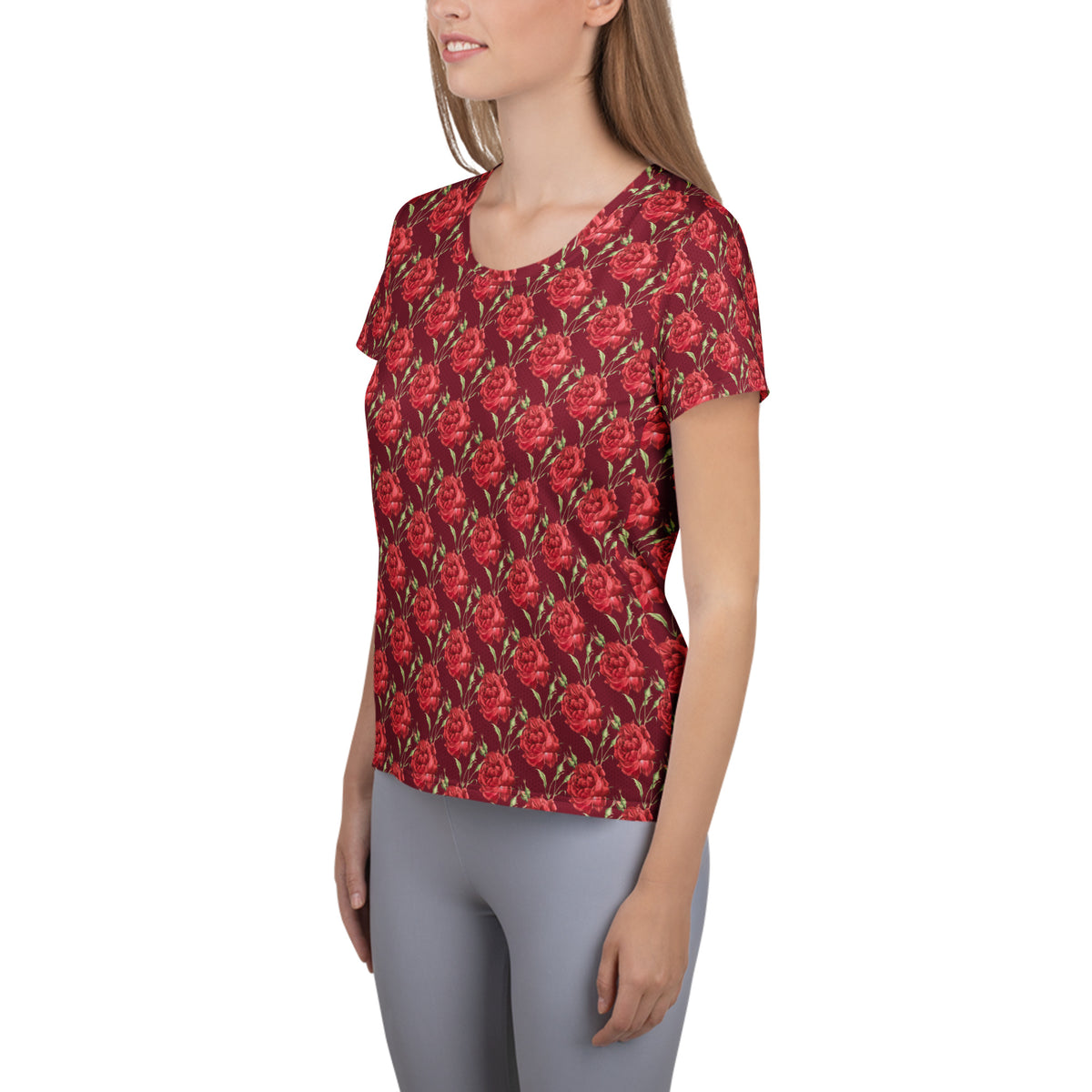 Women’s Red Rose Athletic T-Shirt - Lightweight Moisture Wicking Workout Top With UPF 50+