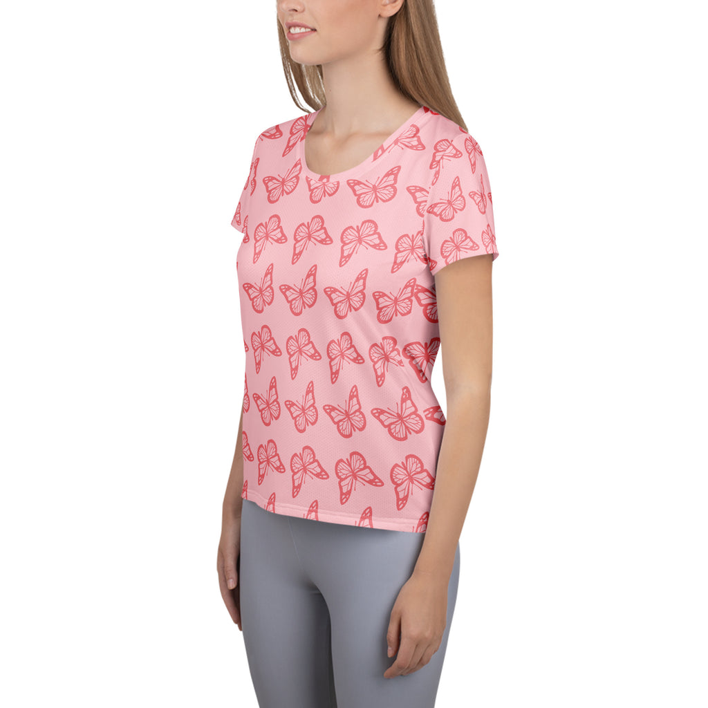 Women’s Pink Butterfly Athletic T-Shirt - Lightweight Moisture Wicking Workout Top With UPF 50+