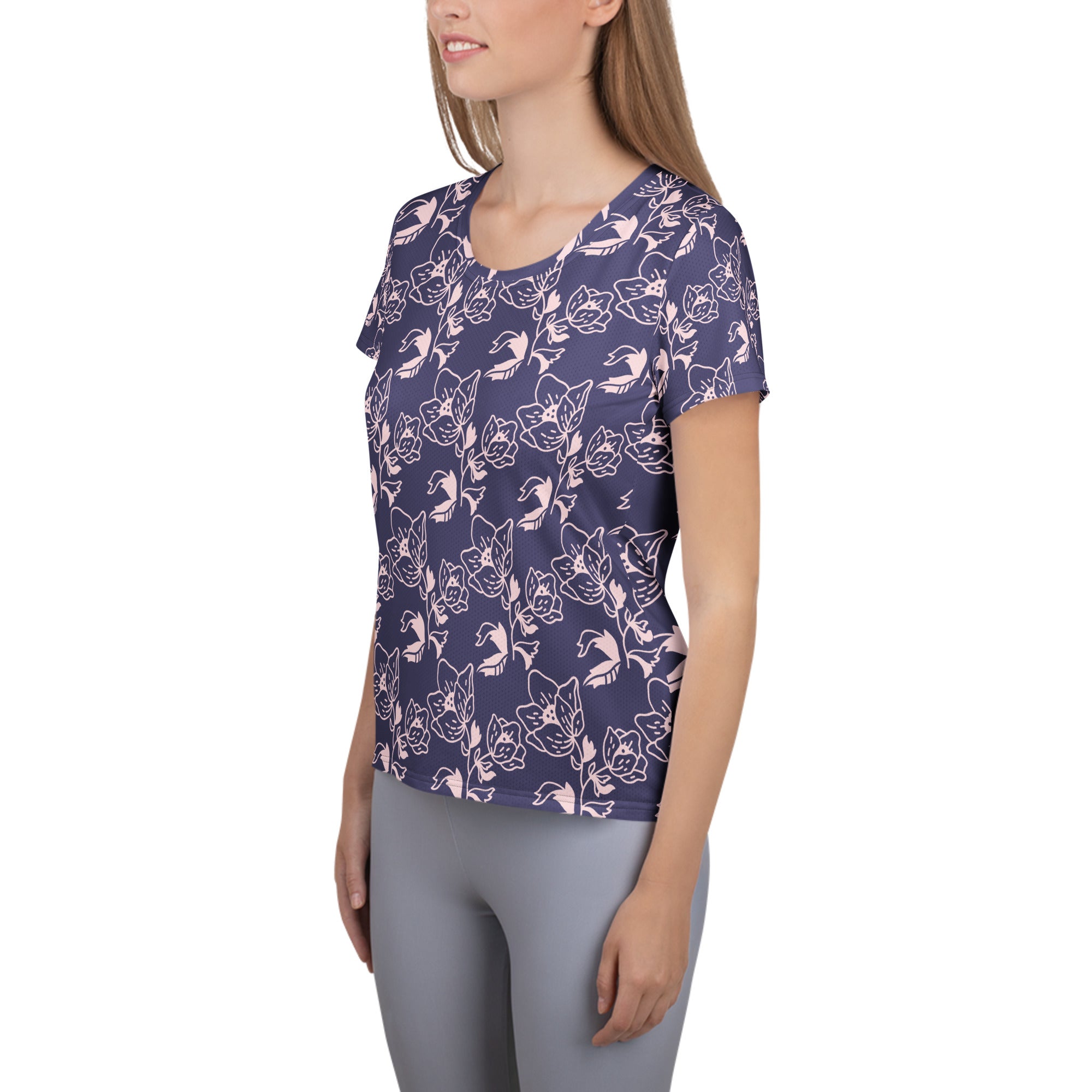 Women’s Dark Purple Floral Athletic T-Shirt - Lightweight Moisture Wicking Workout Top With UPF 50+