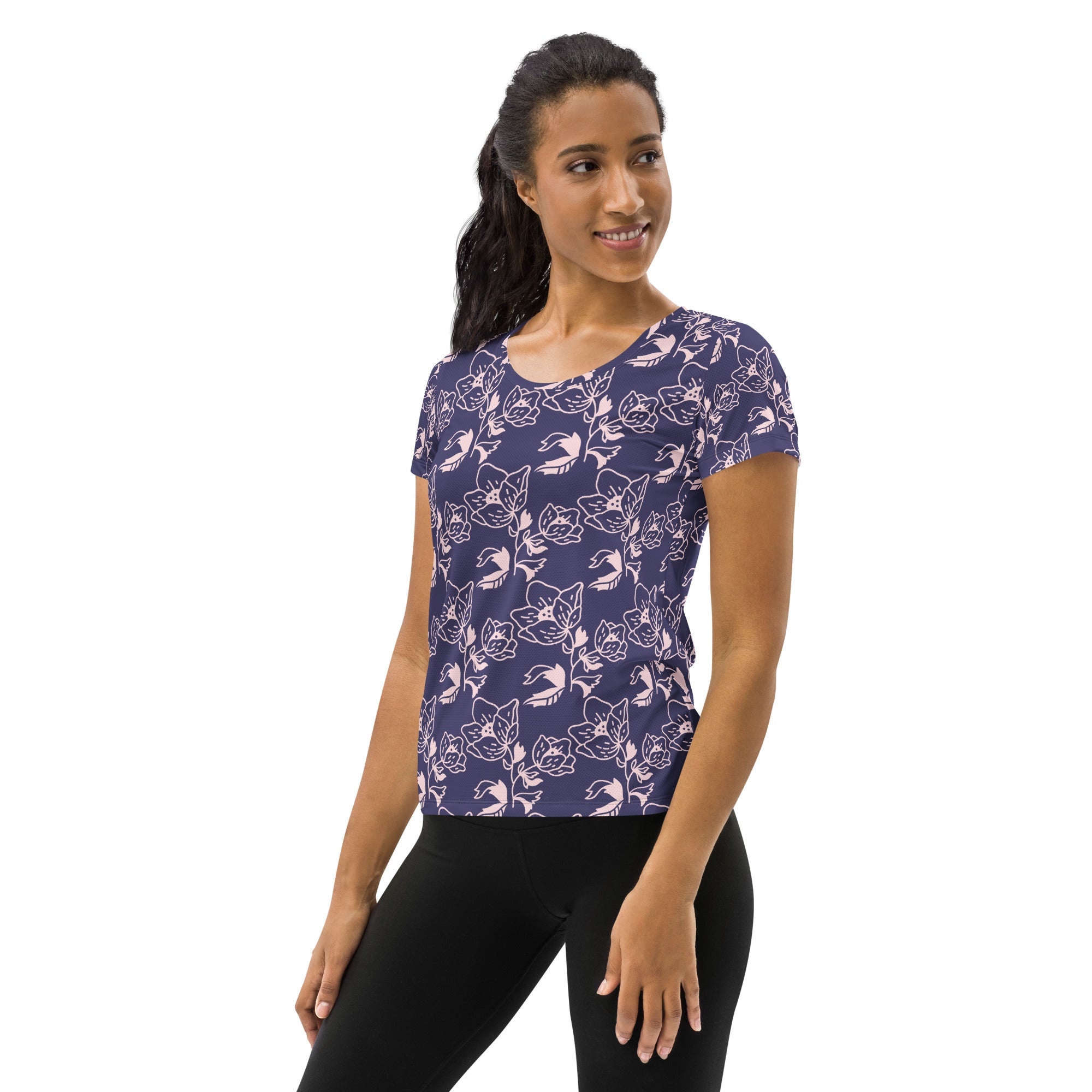 Women’s Dark Purple Floral Athletic T-Shirt - Lightweight Moisture Wicking Workout Top With UPF 50+