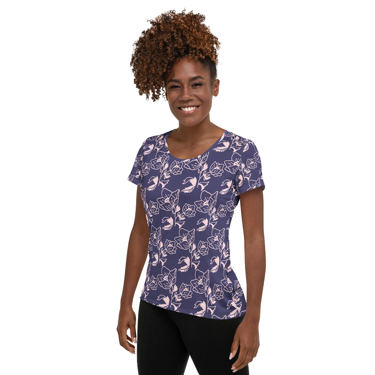 Women’s Dark Purple Floral Athletic T-Shirt - Lightweight Moisture Wicking Workout Top With UPF 50+