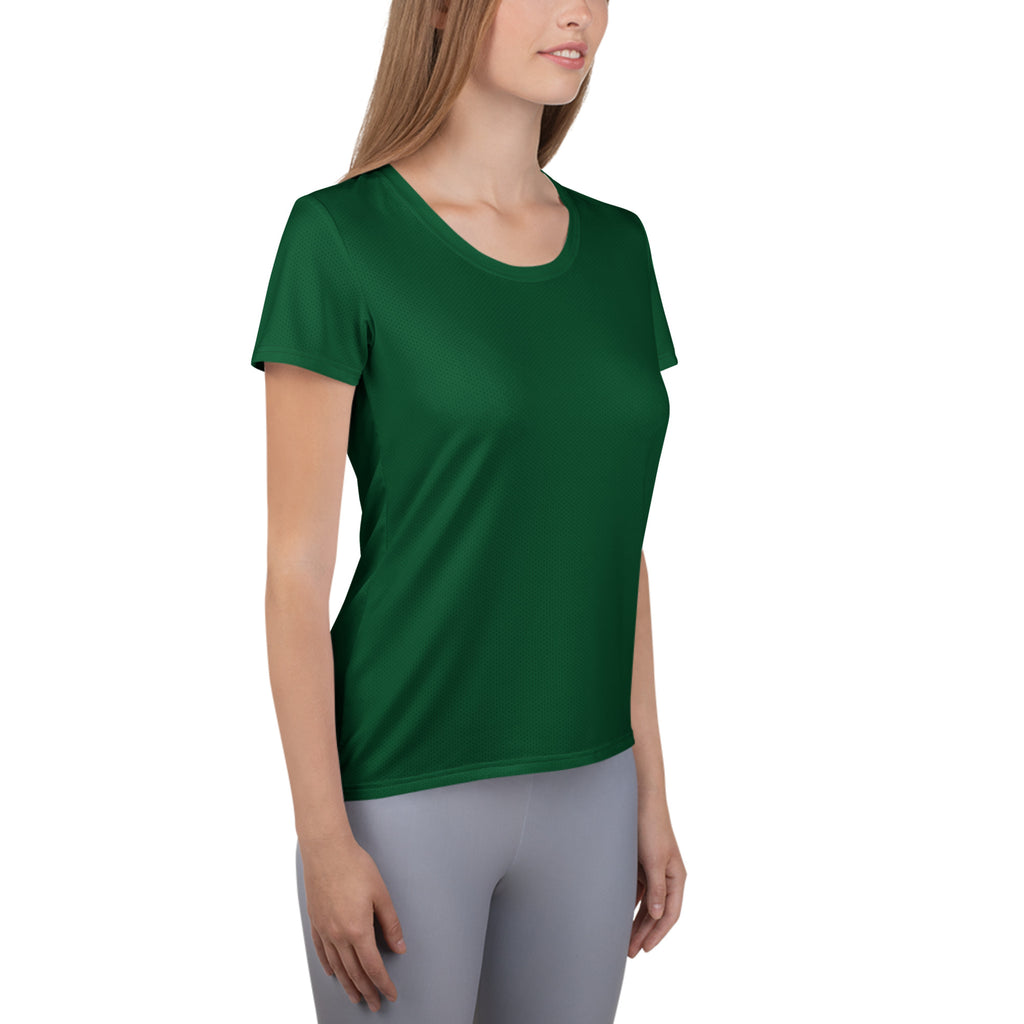 Women’s dark green performance athletic t-shirt in lightweight moisture wicking fabric with upf 50 plus and rounded neckline