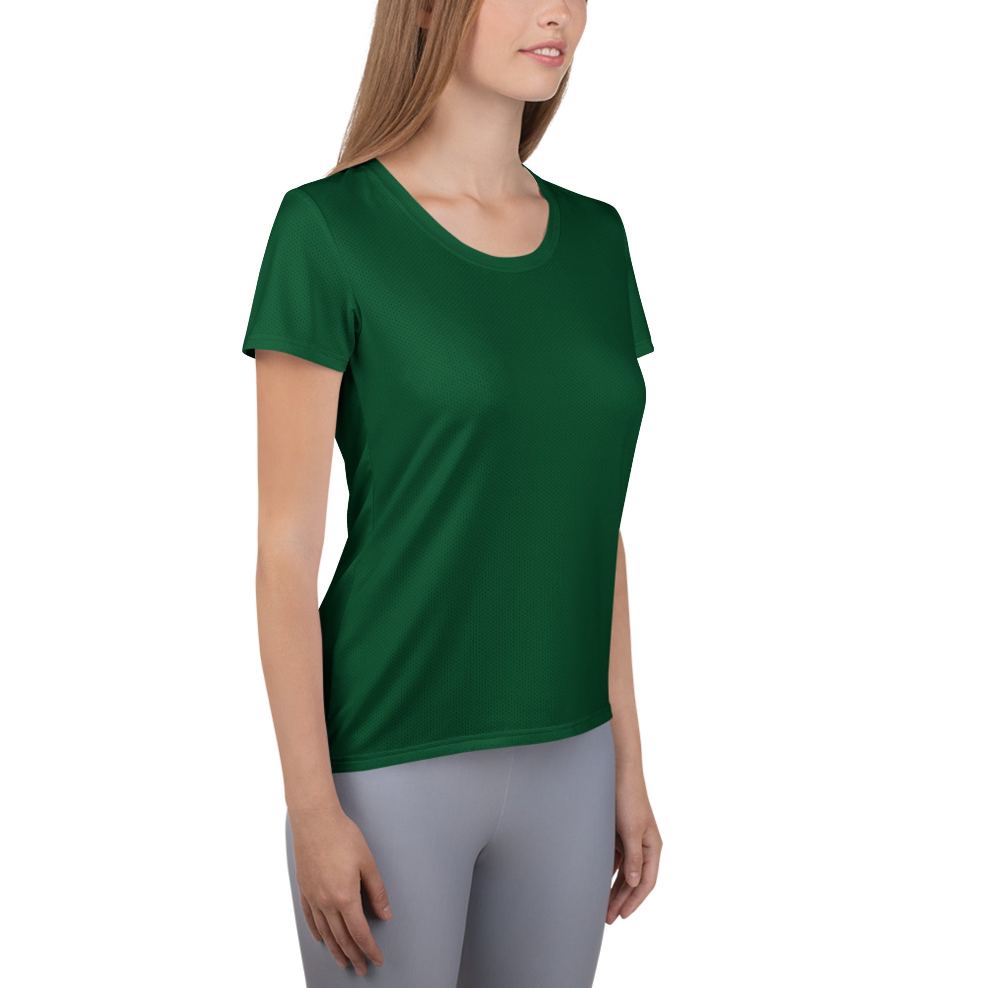 Women’s dark green performance athletic t-shirt in lightweight moisture wicking fabric with upf 50 plus and rounded neckline