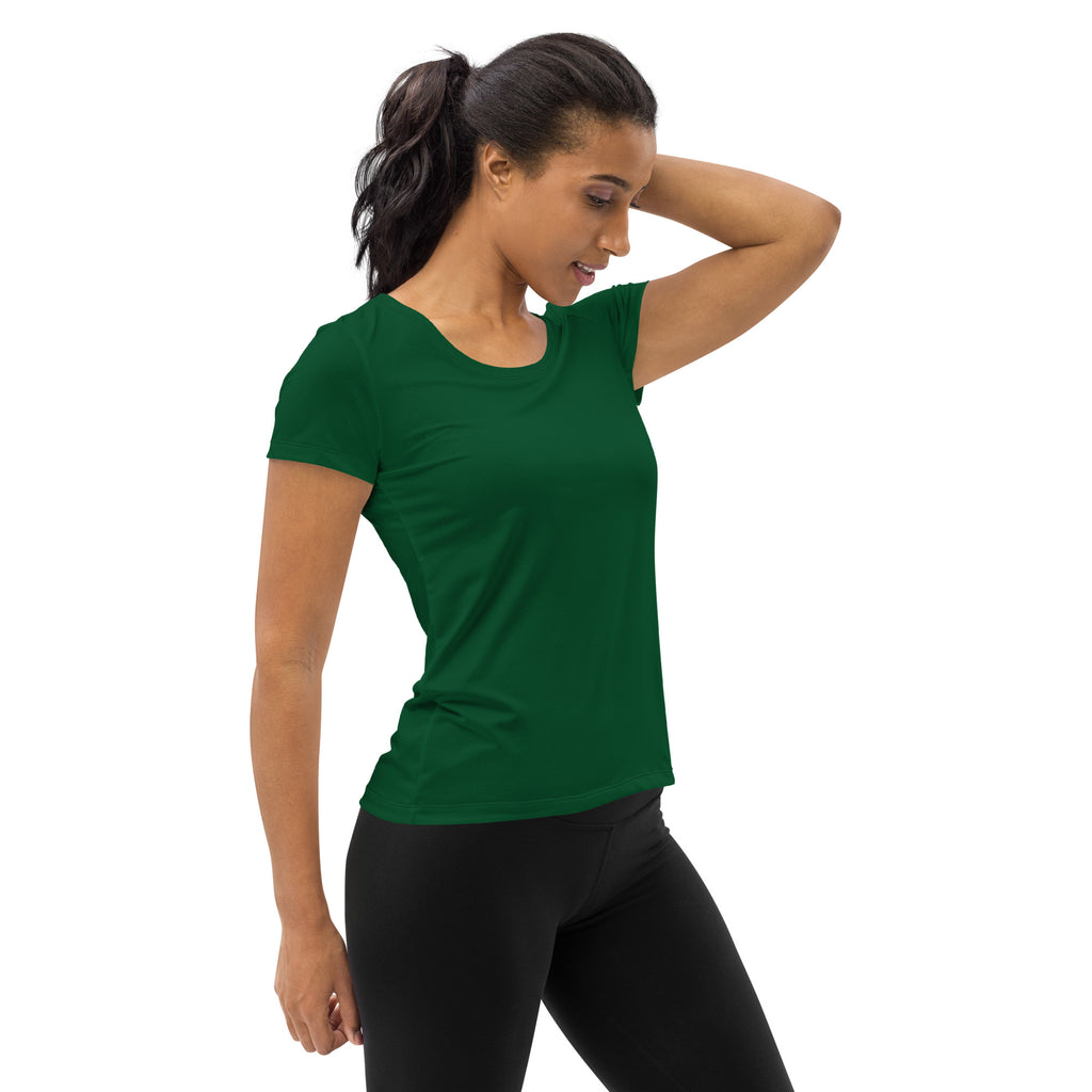 A sleek dark green women’s performance athletic t-shirt with moisture wicking fabric and UPF 50 plus protection