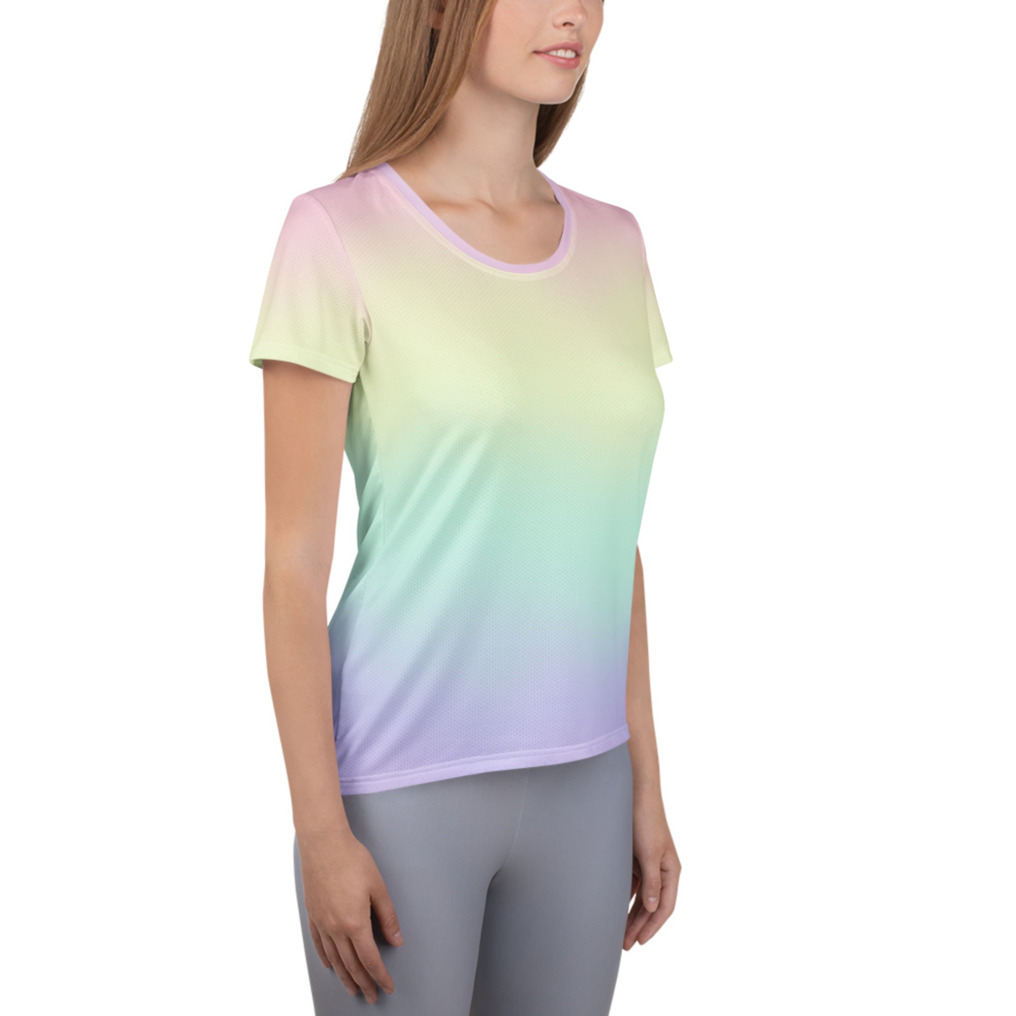 Women’s pastel rainbow performance athletic t-shirt with moisture wicking fabric and a gradient of pink lavender and mint green