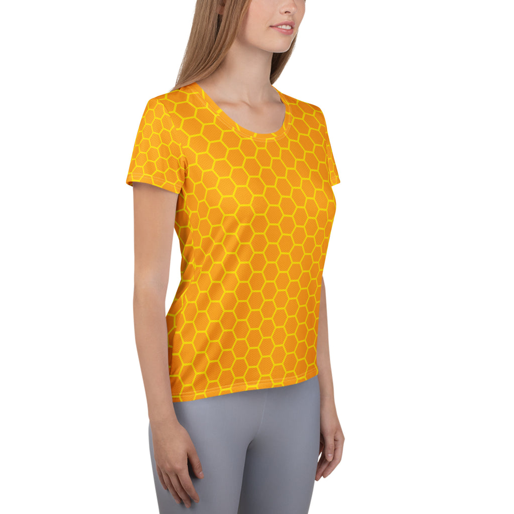 Women’s yellow honeycomb-patterned short-sleeve t-shirt with lightweight moisture-wicking fabric and UPF 50+ protection