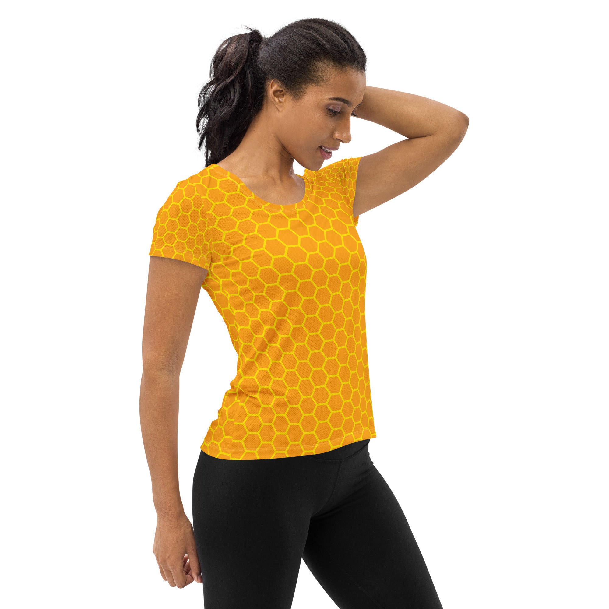 Yellow women’s honeycomb performance athletic t-shirt with short sleeves lightweight moisture wicking fabric