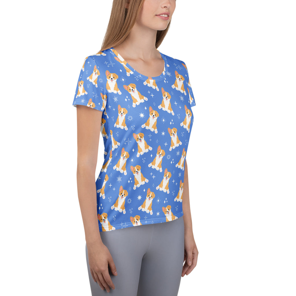 Women’s blue short-sleeved corgi dog performance athletic t-shirt with moisture wicking fabric and upf 50 plus protection