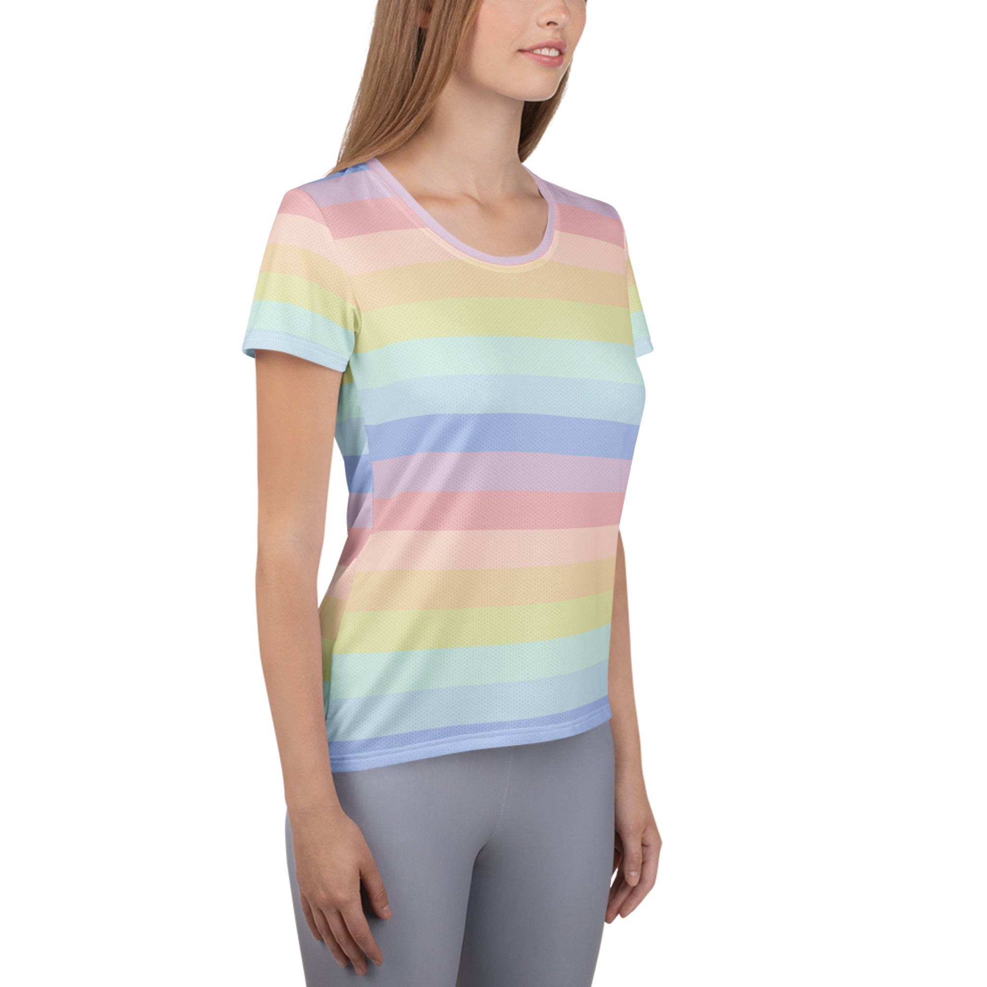 Women’s lightweight moisture wicking pastel rainbow striped athletic t-shirt with upf 50+ for workouts