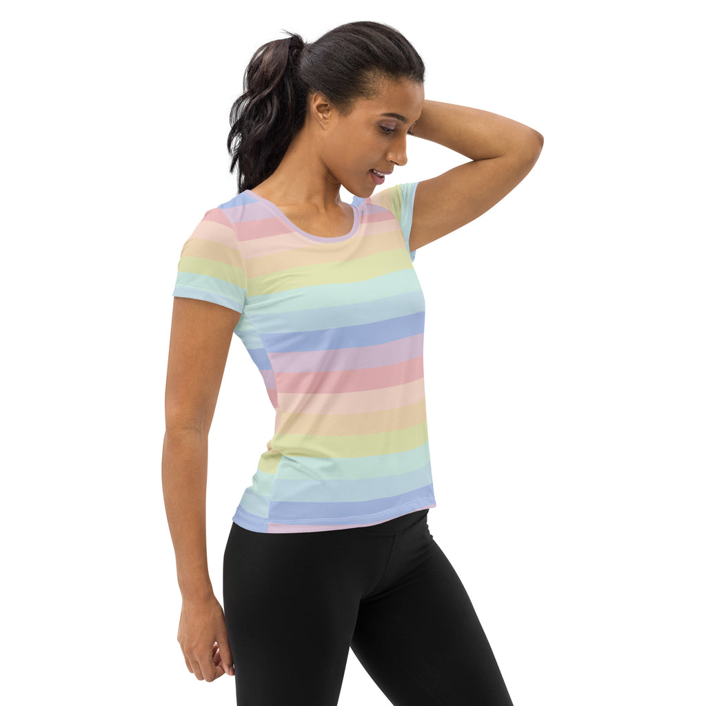 Women’s pastel rainbow striped short-sleeve athletic t-shirt with lightweight moisture wicking fabric and UPF 50+ protection