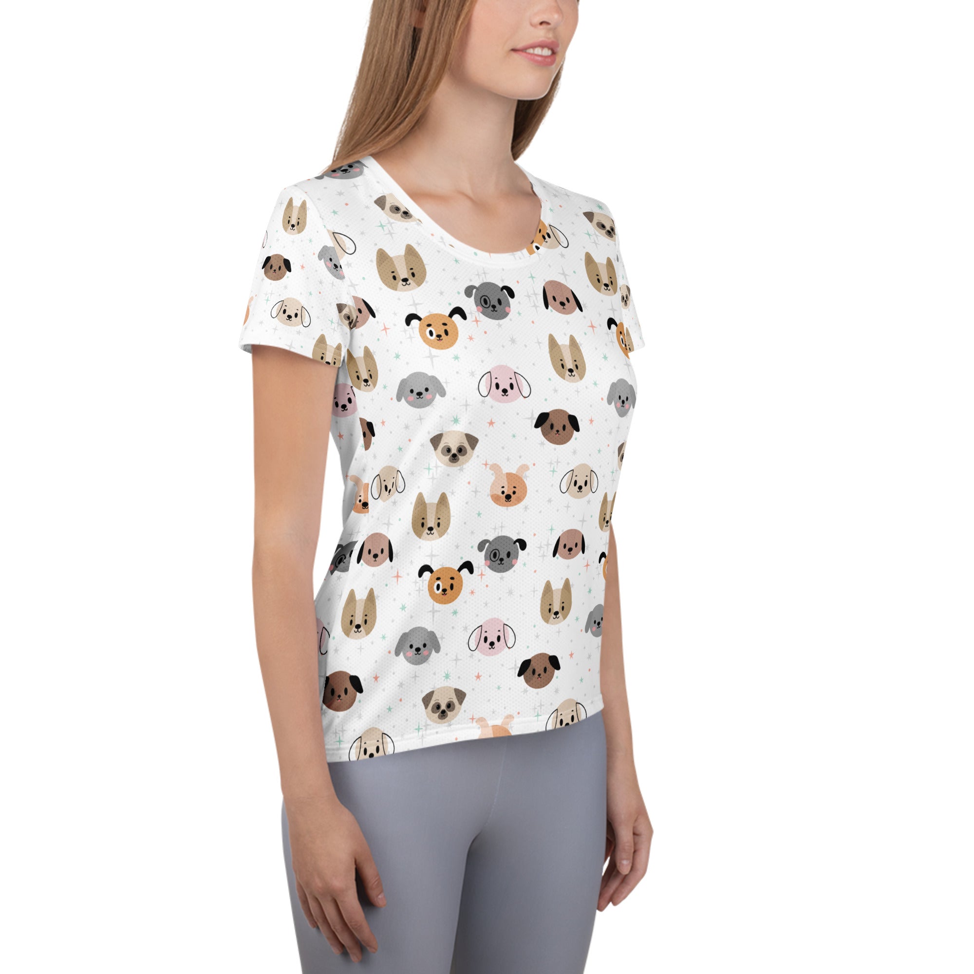 Women’s white short-sleeved dog face performance athletic t-shirt with lightweight moisture wicking fabric and upf 50+