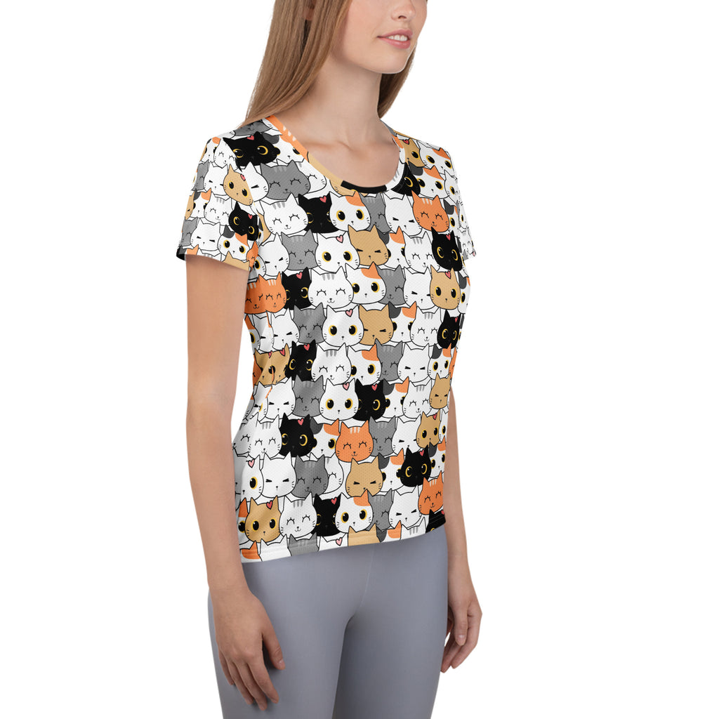White short-sleeved women’s cat face performance athletic t-shirt with colorful cartoon cat print lightweight moisture wicking