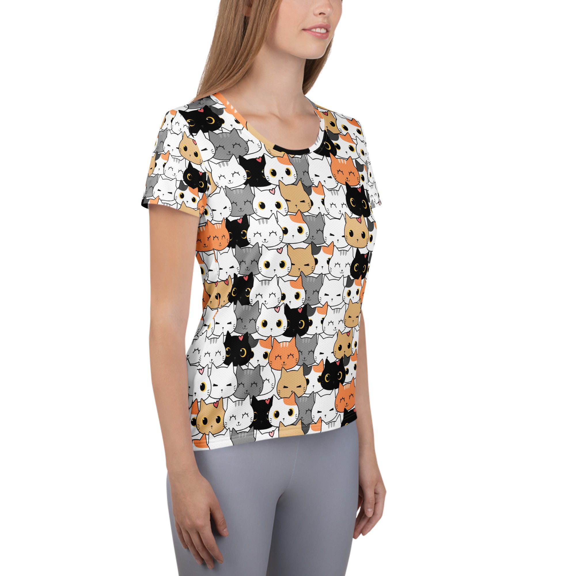 White short-sleeved women’s cat face performance athletic t-shirt with colorful cartoon cat print lightweight moisture wicking