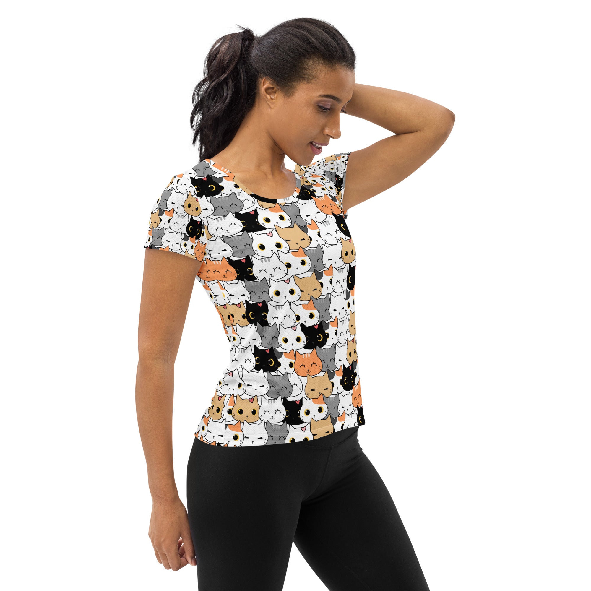 Women’s short-sleeved cat face performance athletic t-shirt with colorful cartoon cat print and moisture wicking fabric