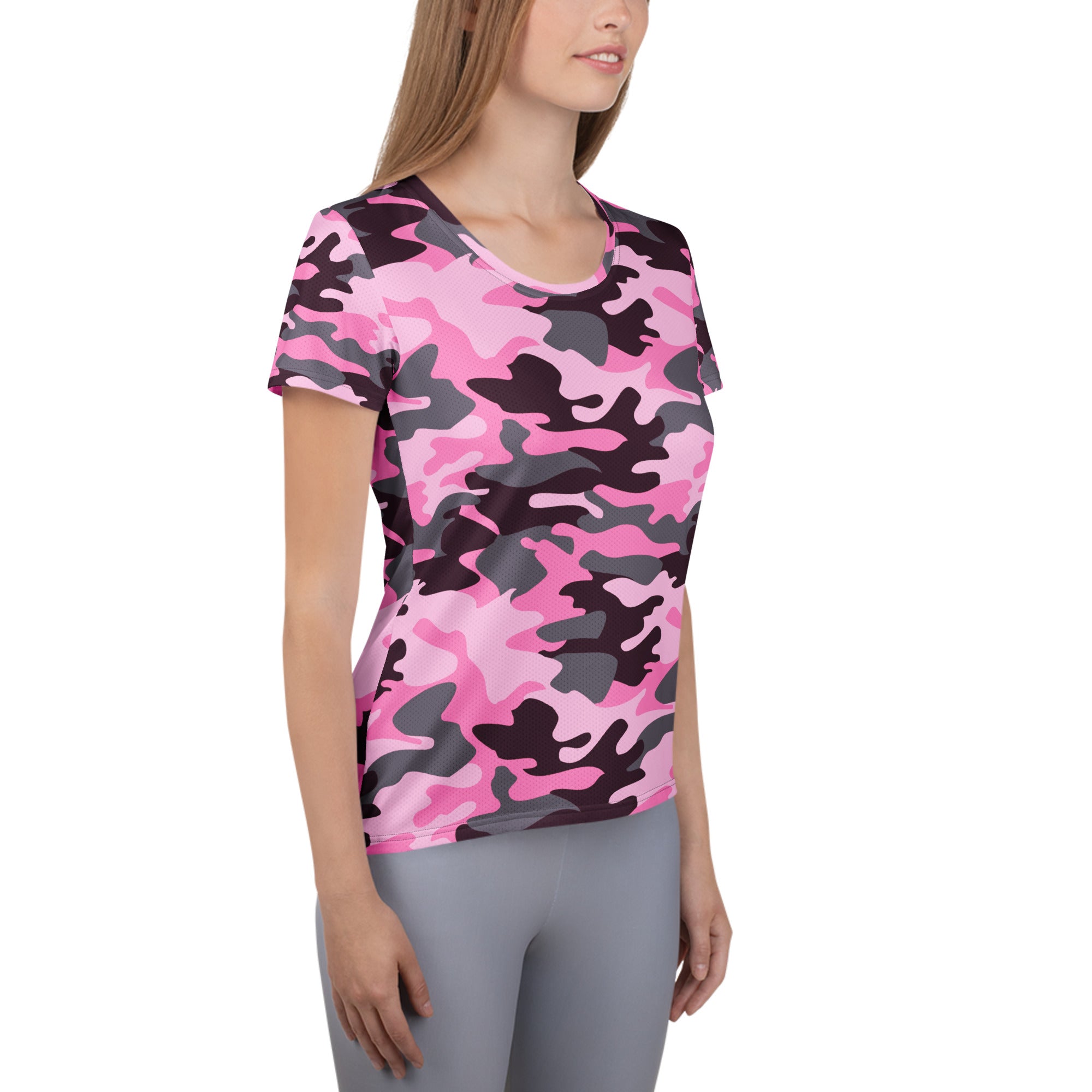 Women’s pink and black camouflage performance athletic t-shirt with short sleeves lightweight moisture wicking fabric
