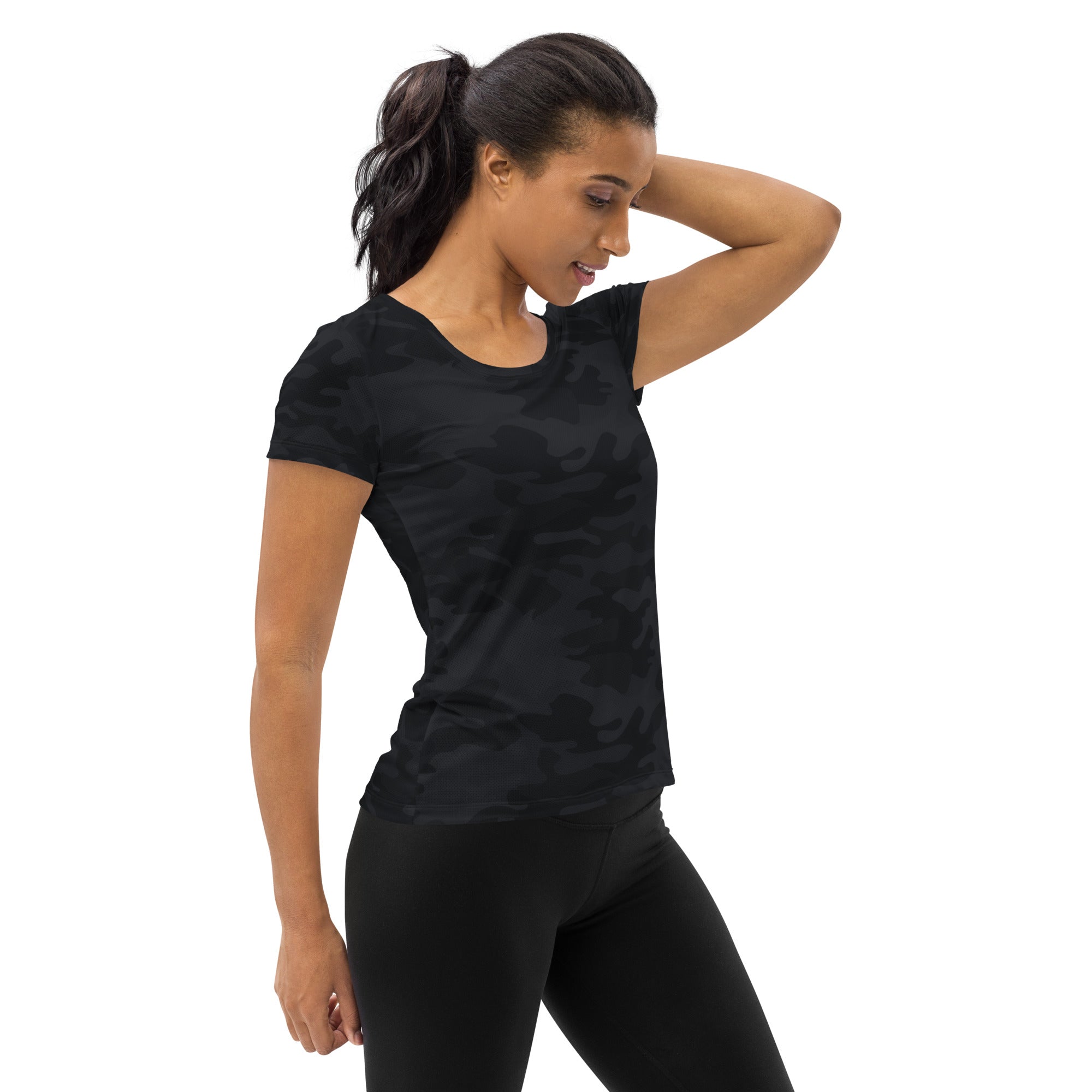 Women’s black camouflage short-sleeved athletic t-shirt lightweight moisture wicking with UPF 50 plus protection