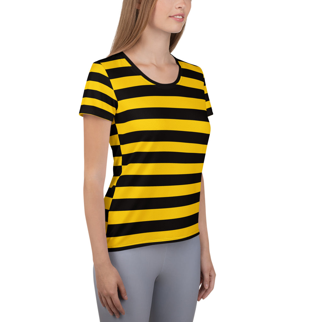 Women’s lightweight moisture wicking yellow and black striped bumblebee stripe athletic t-shirt with upf 50+