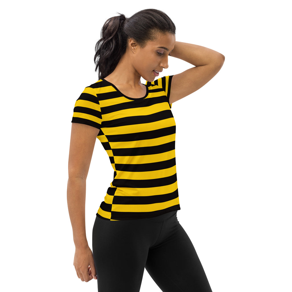 Women’s bumblebee stripe yellow and black short-sleeved performance t-shirt with moisture wicking and UPF 50+ protection
