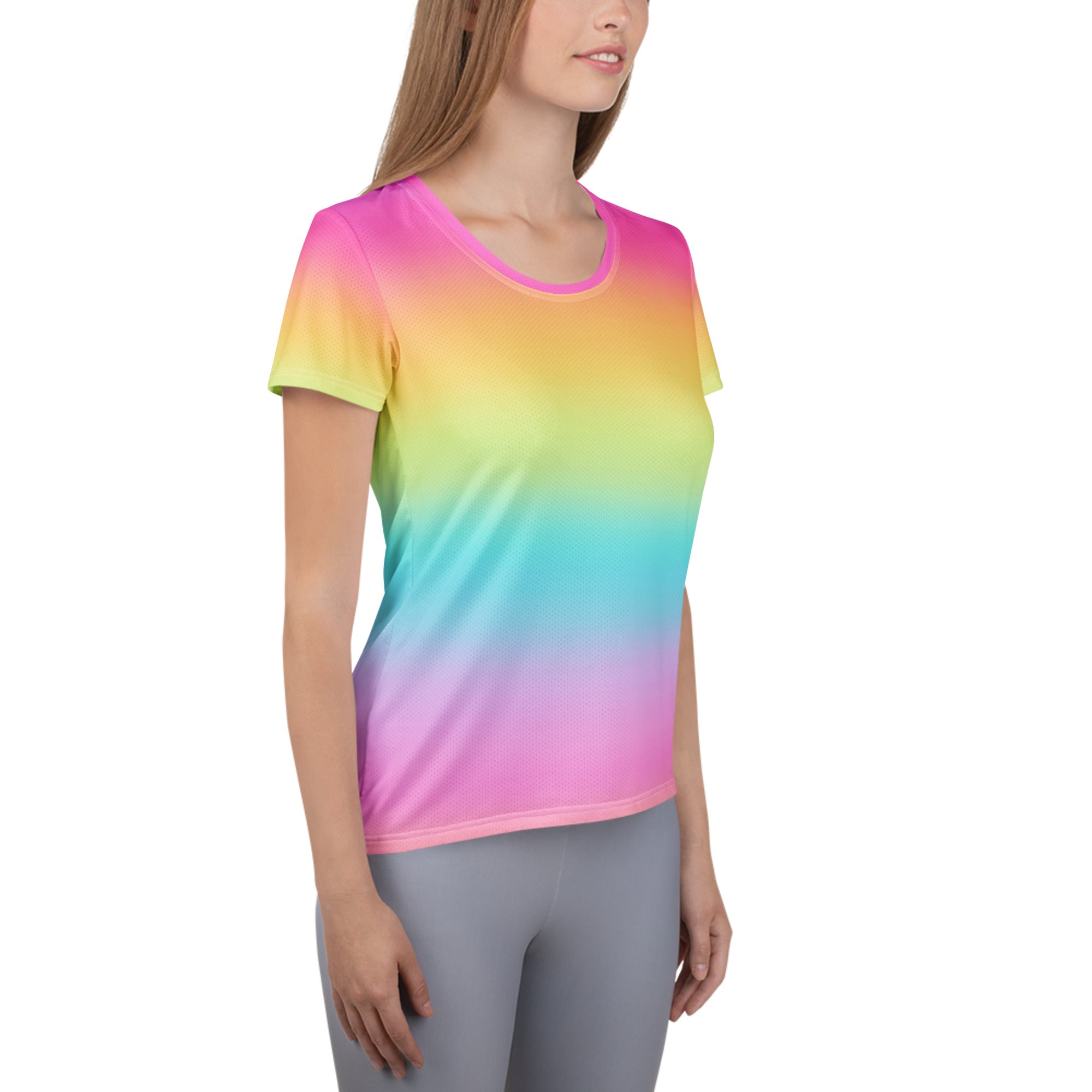 Women’s bright rainbow performance athletic t-shirt with lightweight moisture wicking fabric and soft gradient colors