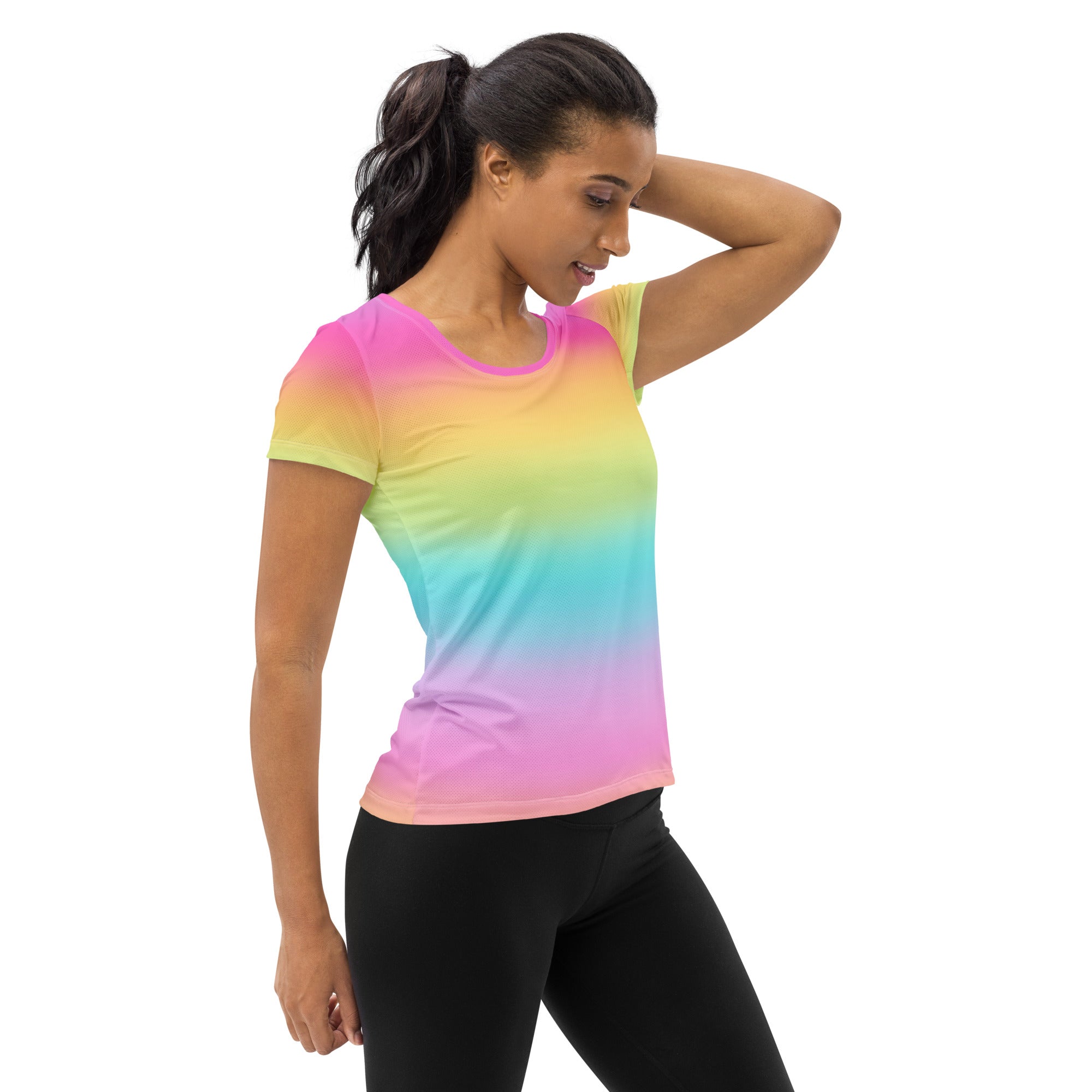 A vibrant rainbow gradient women’s short sleeve athletic t-shirt made from soft moisture wicking fabric with upf 50+