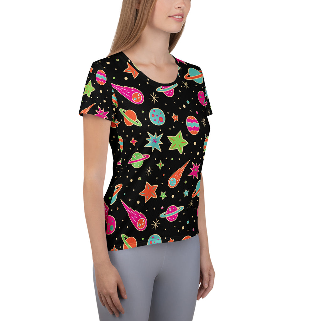 Black women’s retro galaxy performance athletic t-shirt with vibrant neon space pattern and UPF 50+ moisture-wicking fabric