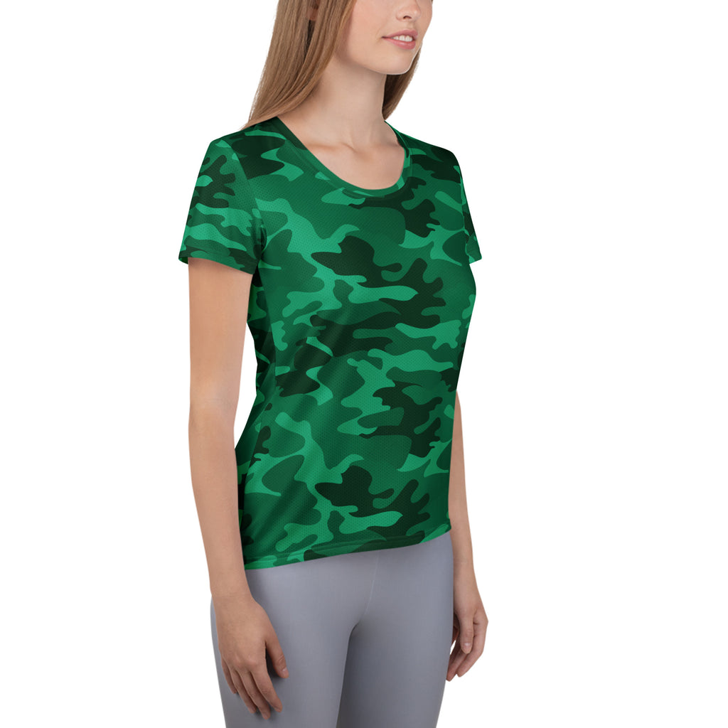 Women’s green camouflage short-sleeved performance t-shirt with lightweight moisture-wicking fabric and UPF 50+ protection