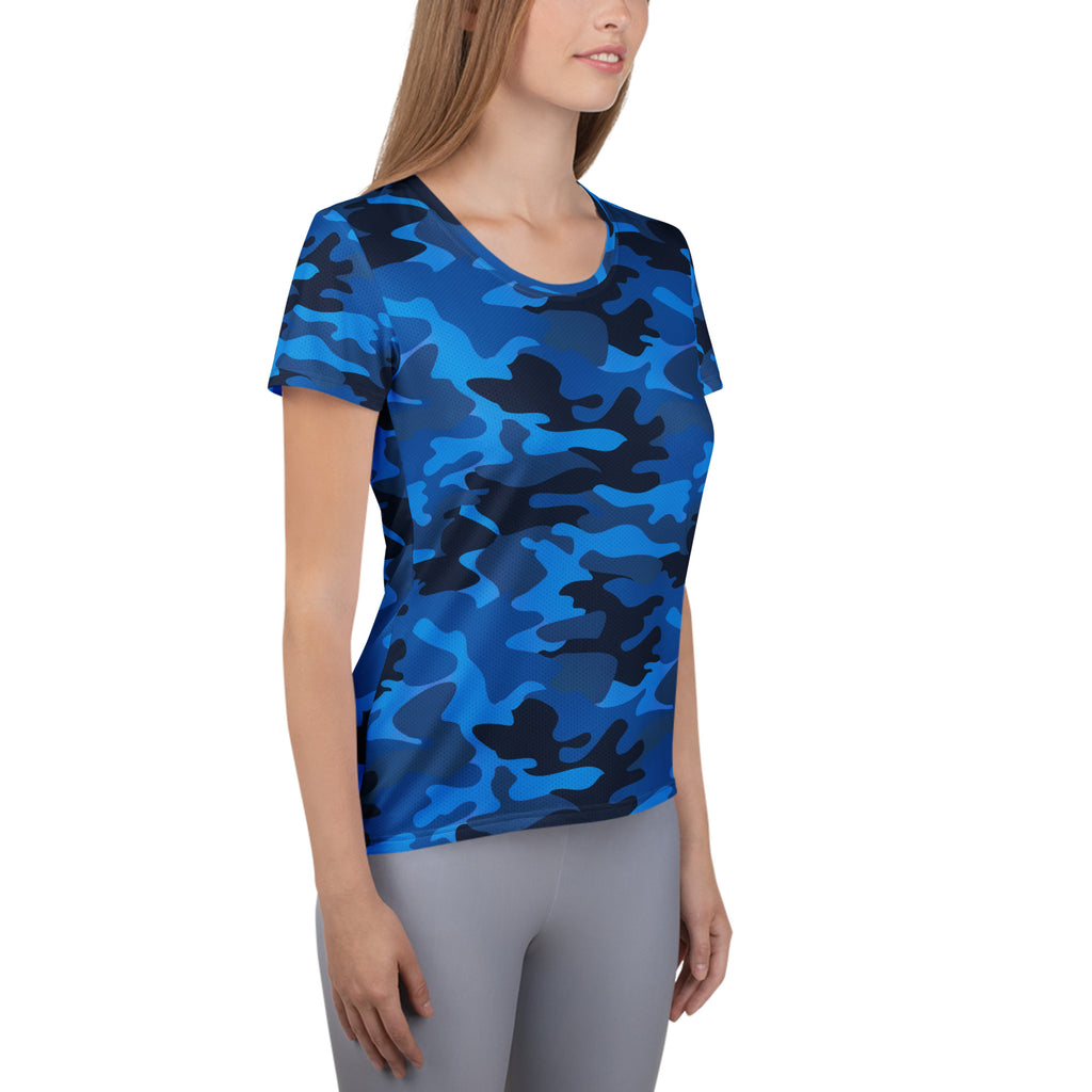Women’s blue and black camouflage performance athletic t-shirt with moisture wicking fabric and UPF 50 plus protection