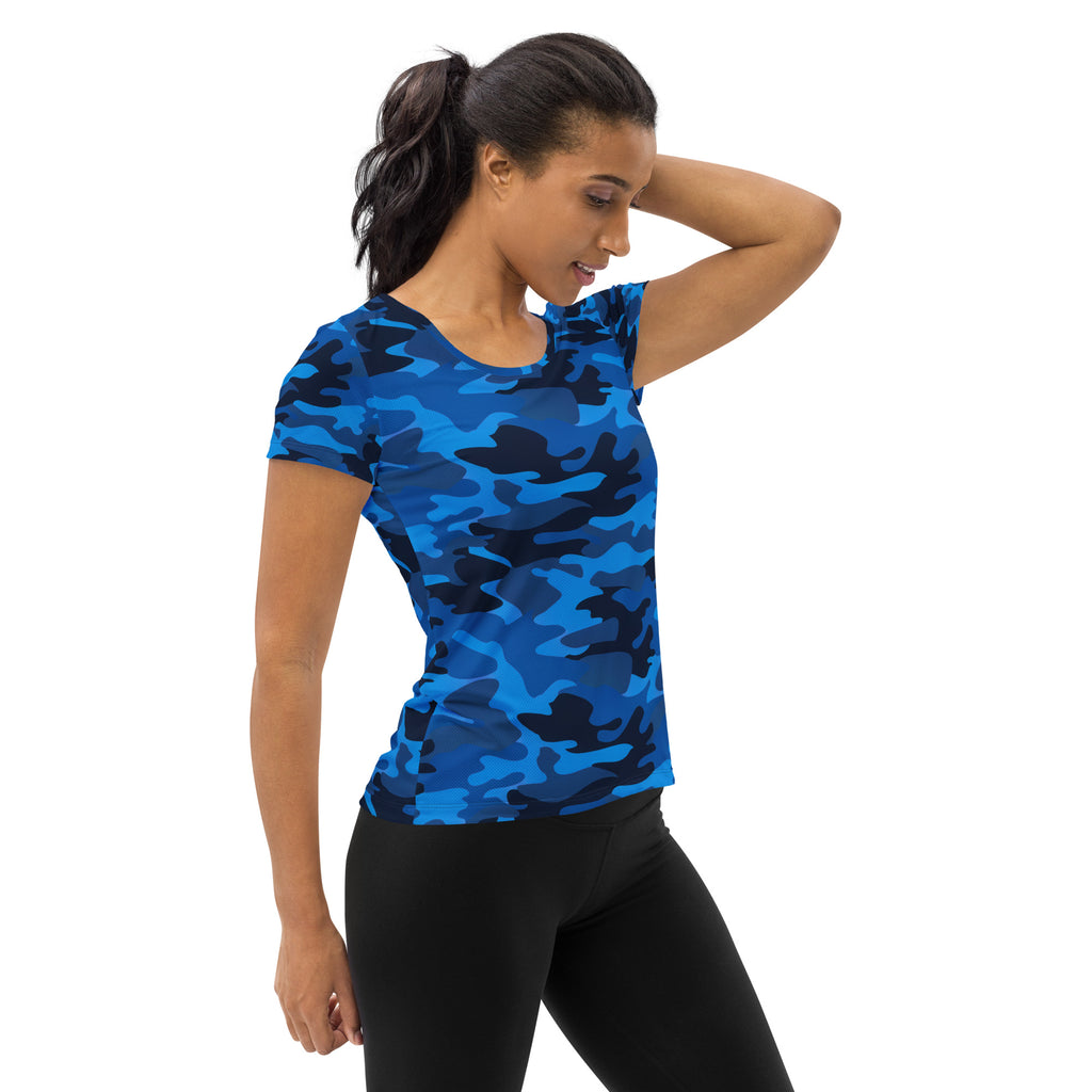 Women’s blue and black camouflage performance athletic t-shirt with moisture wicking fabric and upf 50+ protection