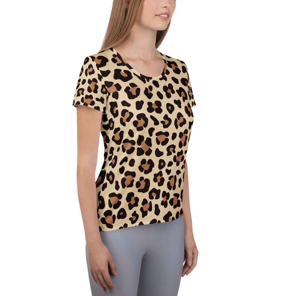 Beige short-sleeved women’s leopard print performance t-shirt with moisture wicking and UPF 50 plus protection
