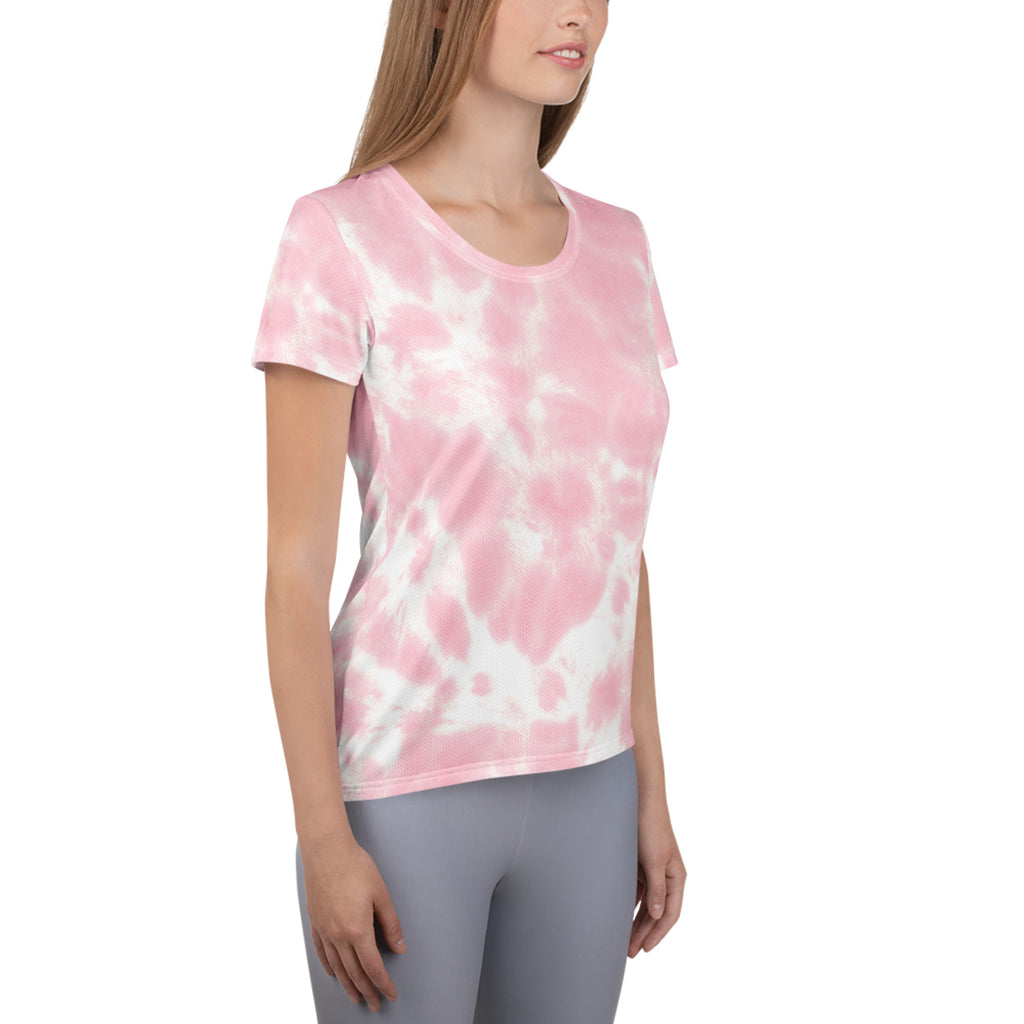 Women’s pink and white tie dye short-sleeved performance athletic t-shirt with lightweight moisture wicking fabric