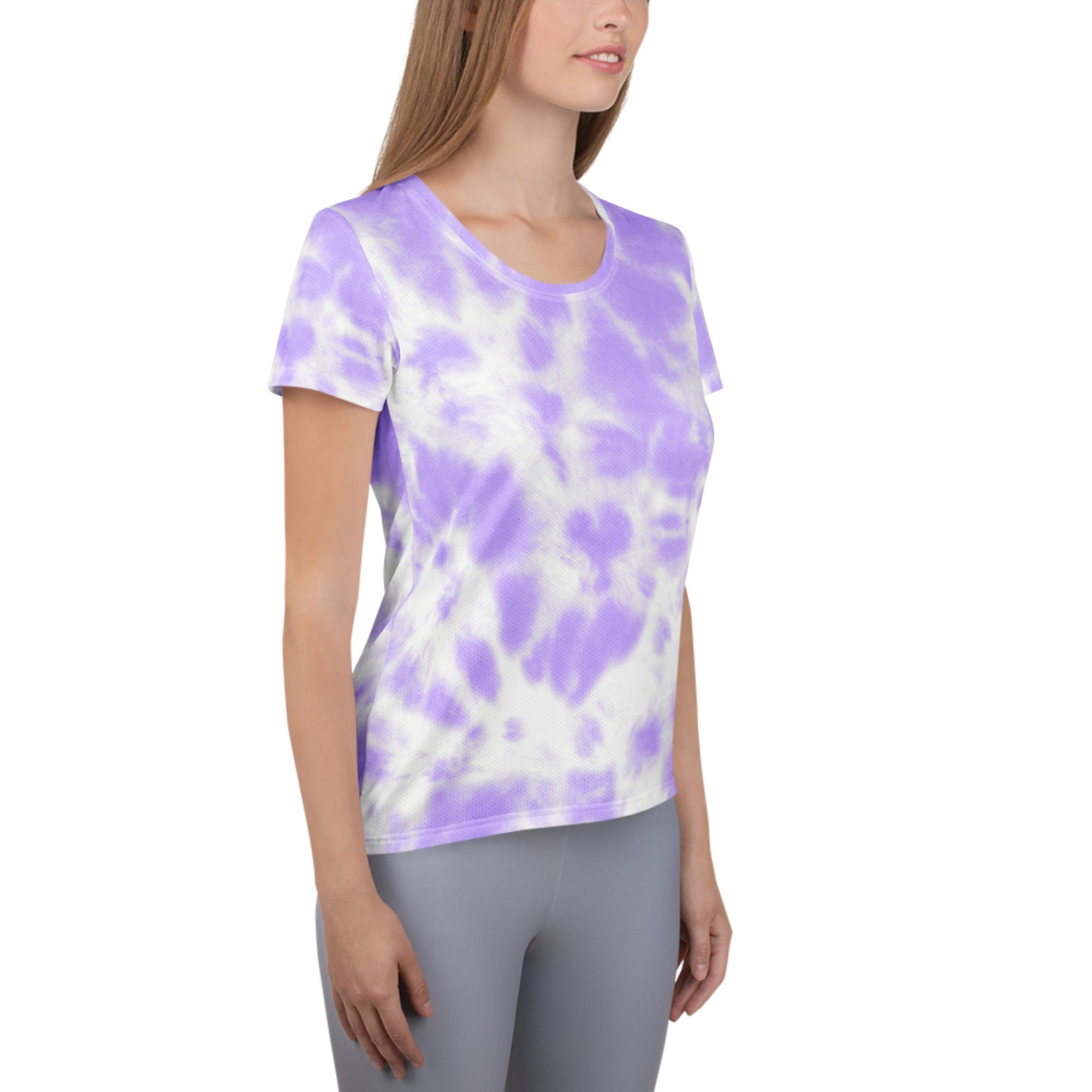Women’s soft lavender and white tie dye performance athletic t-shirt with moisture wicking fabric and UPF 50+ protection