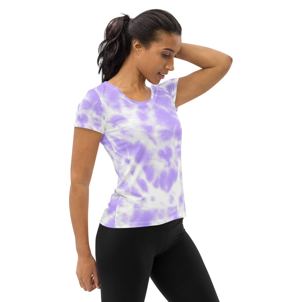 Women’s purple and white tie dye short-sleeved performance t-shirt with lightweight moisture wicking fabric and UPF 50+